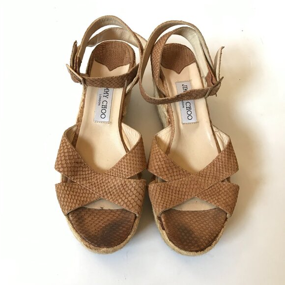 Jimmy Choo Phoenix Wedge Espadrilles Sandals Womens 40 9 Brown Python Leather - Picture 5 of 12
